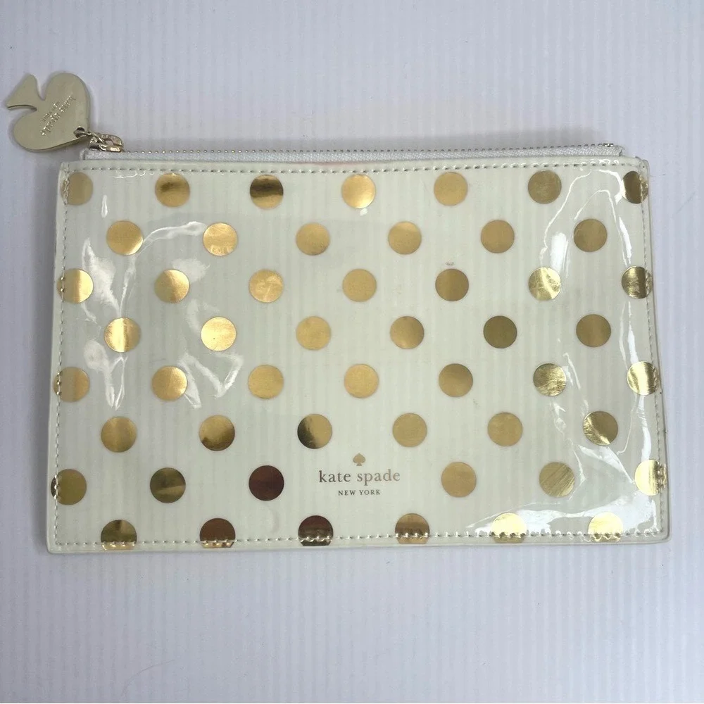 Kate Spade New York Gold Polka Dot Patent‎ Pouch Cream Clutch Zip Top Bag